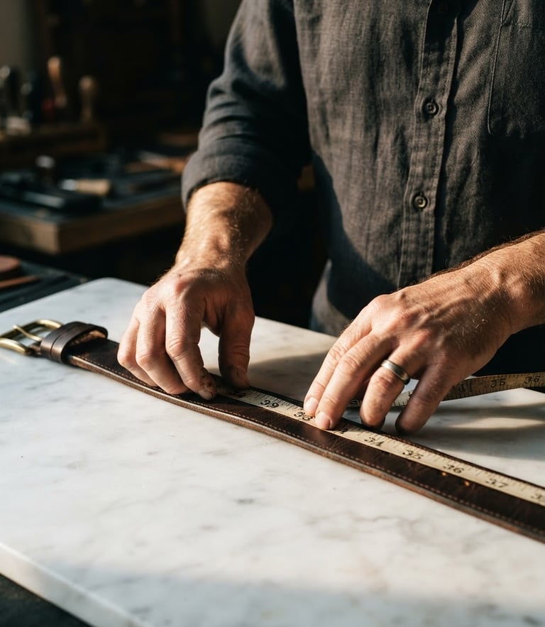 Dramatic editorial close-up of a master artisan's hands measuring a deep espresso leather belt on a clean marble table, warm golden-hour side lighting, shallow depth of field