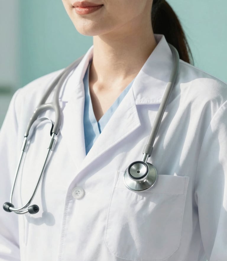 Medium close-up of a professional female doctor in a clean white coat with a stethoscope, bright natural daylight, soft turquoise background, clinical confidence.
