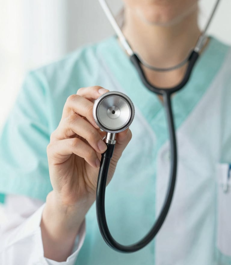 Professional close-up of Dra. Sara González in clean clinical attire holding a stethoscope, bright natural daylight, soft turquoise tones, shallow depth of field