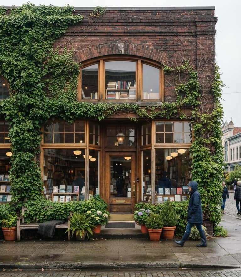 A street-level view of a historic brick storefront in historic Fairhaven, Bellingham, soft overcast daylight, rich green ivy on the walls, natural depth of field.