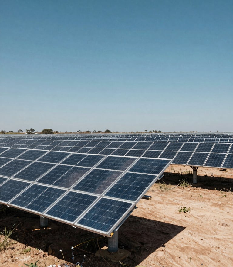 Low-angle heroic shot of a sprawling utility-scale solar array under intense midday African sun, deep slate structures contrasting with dry earth, wide environmental composition.