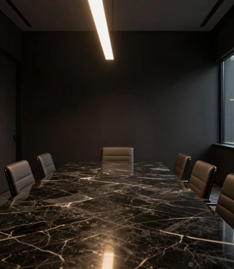Low-key dramatic chiaroscuro shot of a high-end modern boardroom, dark obsidian marble table reflecting warm golden light from a linear architectural fixture, clean minimalist aesthetic, negative space.