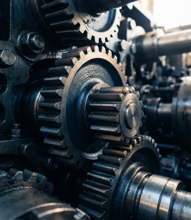 Crisp macro shot of heavy industrial steel gears, bright high-contrast daylight with cool navy tones and subtle golden-hour highlights on the metallic edges.
