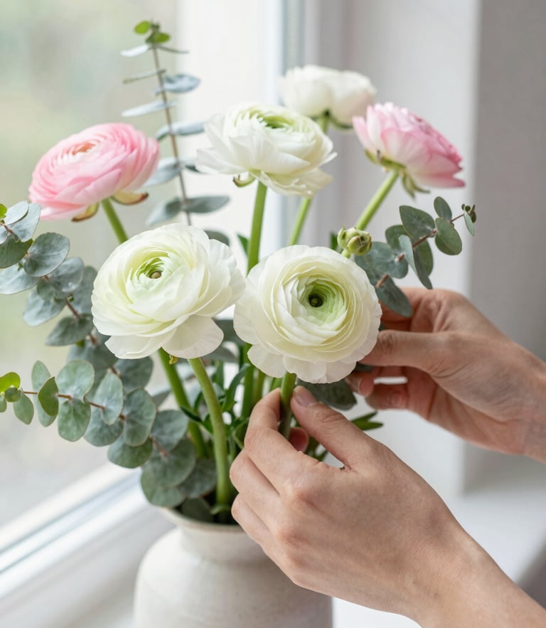 Close-up of hands arranging delicate pastel ranunculus and textured eucalyptus foliage in a ceramic vase under soft, natural window light.