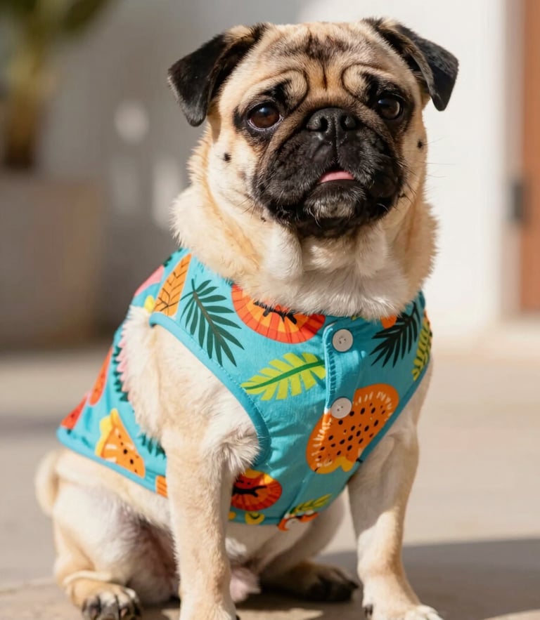 Un tierno perrito pug sonriente vistiendo una colorida camisa playera de motivos tropicales, sentado bajo luz natural brillante de tarde.