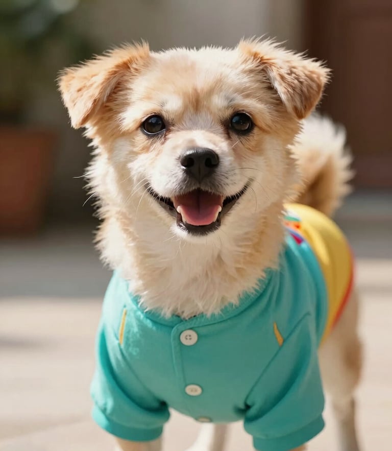 Close-up of a happy small dog wearing a colorful custom-tailored teal shirt, warm natural daylight, soft focus background