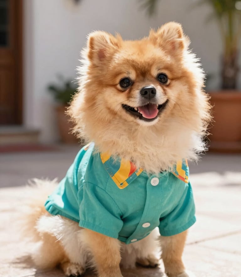 Bright joyful pet photography of a fluffy Pomeranian wearing a colorful custom-tailored teal shirt, sitting comfortably in a bright sunlit Mexican patio, warm natural daylight, shallow depth of field, sharp details