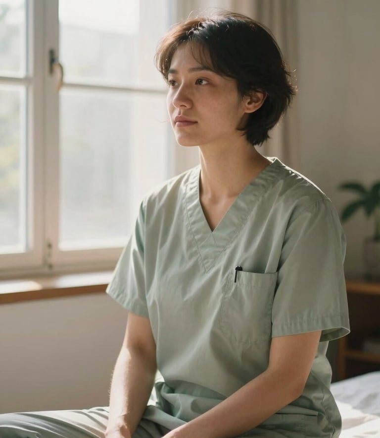 A professional healer sitting calmly in a sunlit room, soft morning window light, muted sage tones, shallow depth of field, 35mm
