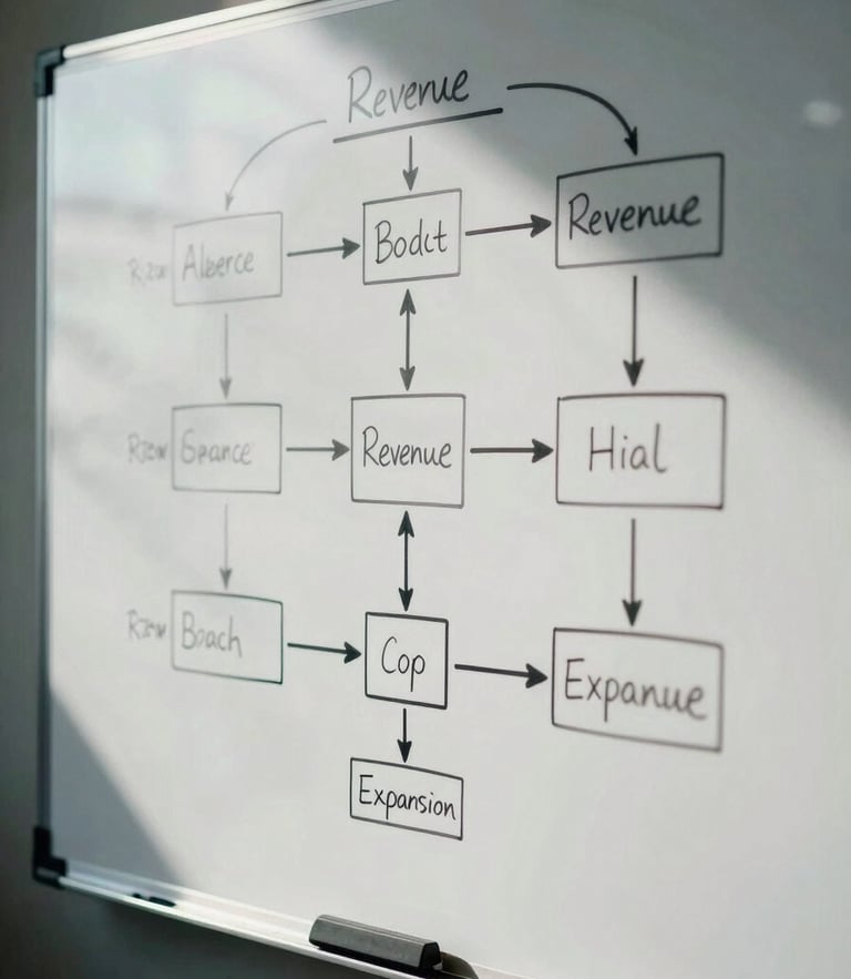 Close-up of a physical whiteboard with structured, hand-drawn logic diagrams mapping revenue expansion, cool sharp lighting, deep shadows.