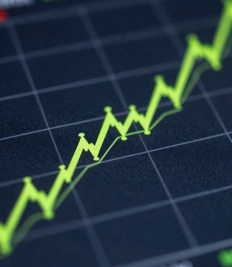 Macro crop of a high-contrast financial data visualization chart, bright neon-green trend lines cutting through deep slate gridlines, sharp focus, technical editorial style.