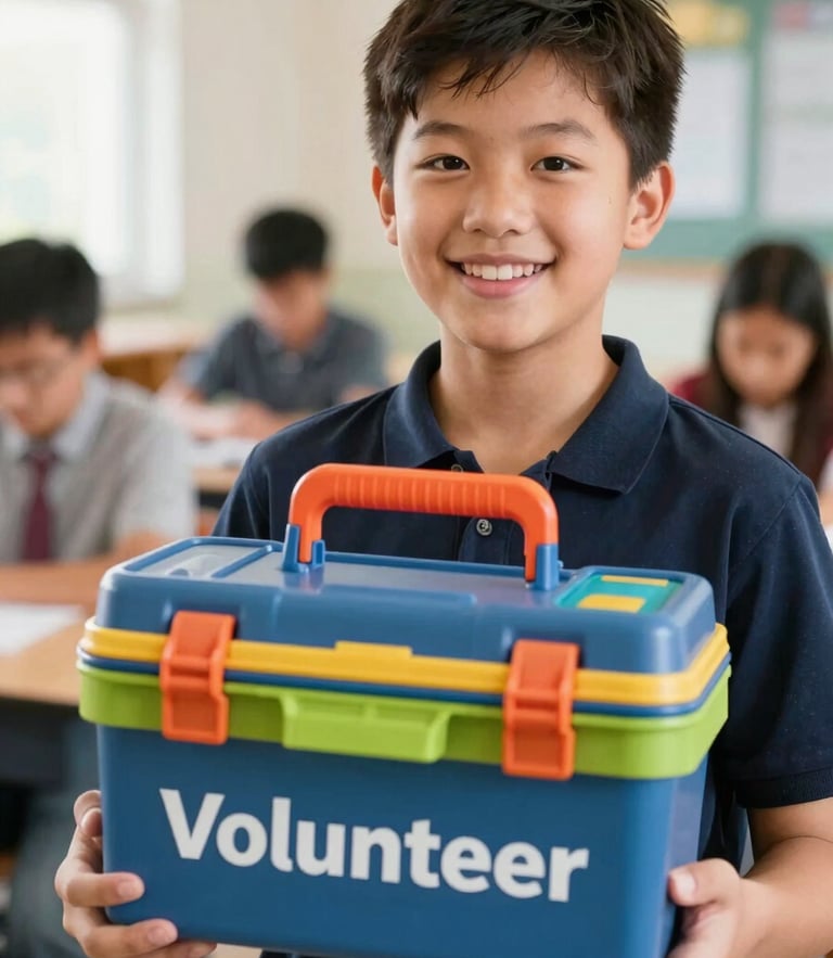 A close-up of a smiling grade 8 student holding a colorful volunteer toolkit, warm natural classroom light, shallow depth of field, candid editorial photography