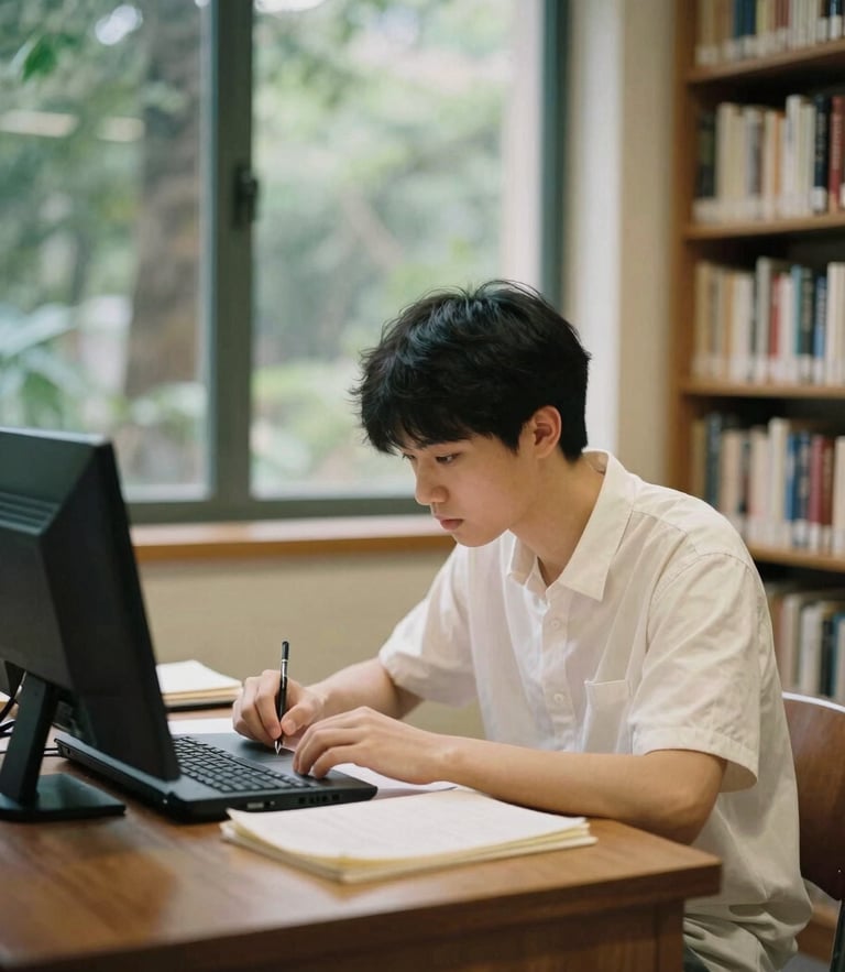 A focused student in a warm, naturally lit library environment, working diligently, rich forest and cream tones, medium format film style.