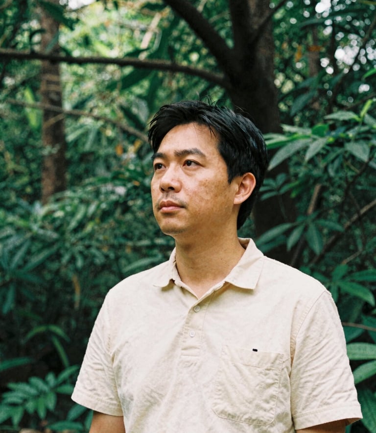 A medium shot of an environmental community leader in warm, natural daylight, looking thoughtfully off-camera, rich forest green tones, medium format film style.