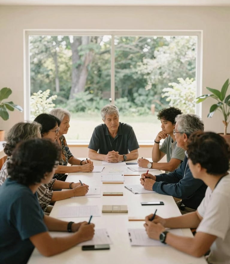 A wide environmental shot of a collaborative community meeting in a sunlit room, with diverse leaders discussing plans over a table, warm diffused daylight, natural editorial aesthetic.