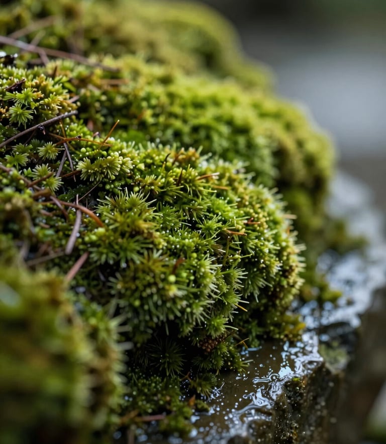 Extreme close-up of soft green moss growing on a wet stone, diffused morning light, high contrast, calming organic texture