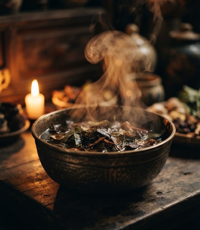 Moody editorial photography of steam rising from a traditional Vietnamese bronze herbal bowl, warm candlelit glow, rich dark bronze tones, shallow depth of field, 35mm film.