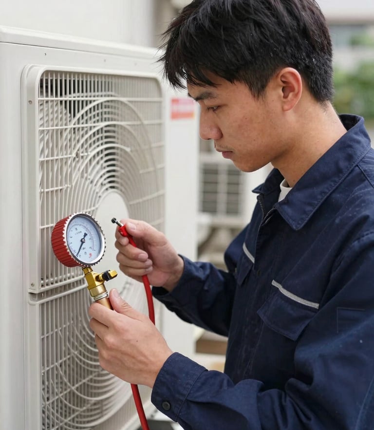 Medium environmental shot of a certified technician in a clean navy uniform inspecting an outdoor air conditioning unit with a pressure gauge, bright natural daylight, professional tools visible, high-contrast, sharp focus.