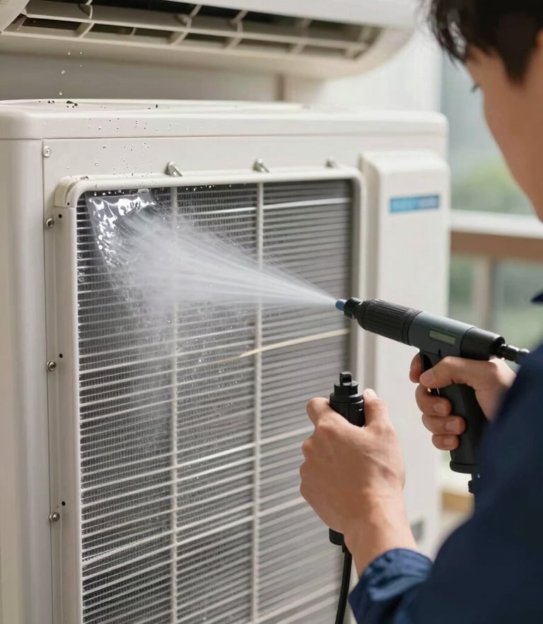 Close-up of a certified technician in a clean uniform using a specialized high-pressure water sprayer to deep-clean the aluminum fins of an indoor split AC unit, bright natural daylight, water droplets visible.