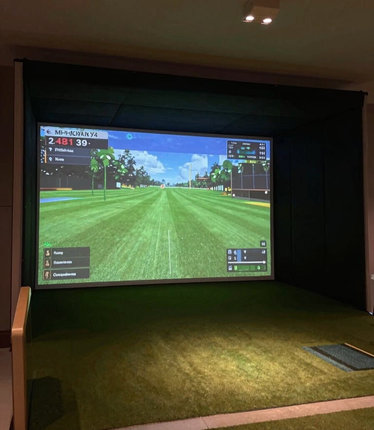 Wide environmental shot of a premium indoor golf simulator bay, glowing screen showing a virtual course fairway, moody low-key ambient lighting, deep charcoal tones, 35mm
