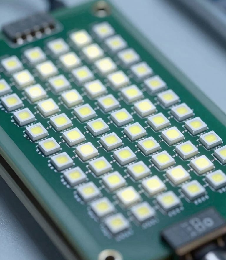 Macro shot of a high-end commercial LED panel module under diagnostic testing, cool white LED highlights illuminating the pixel grid, clinical laboratory setting.