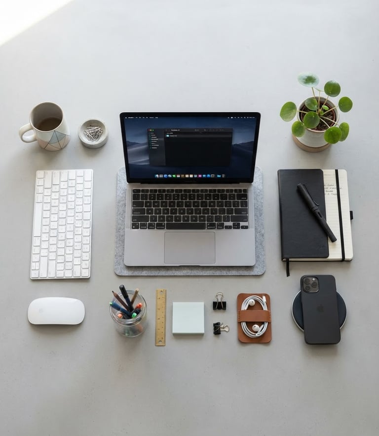 Overhead flatlay of organized workspace accessories, crisp daylight, minimalist light gray backdrop, sharp focus