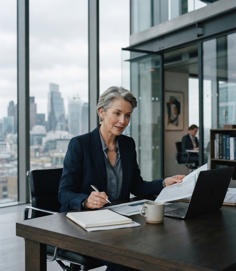 Environmental portrait of a senior financial consultant in a modern architectural office, cool overcast daylight, deep navy and slate tones, sharp lines, 35mm