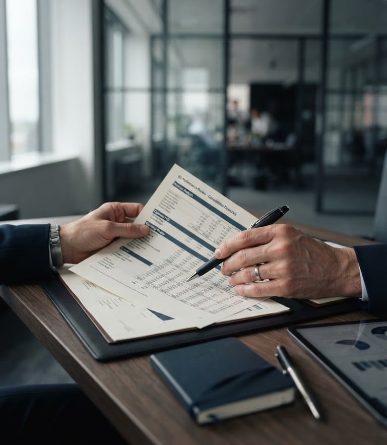Close-up of hands reviewing financial documents on a structured desk layout with premium stationery, soft overcast daylight, corporate editorial style