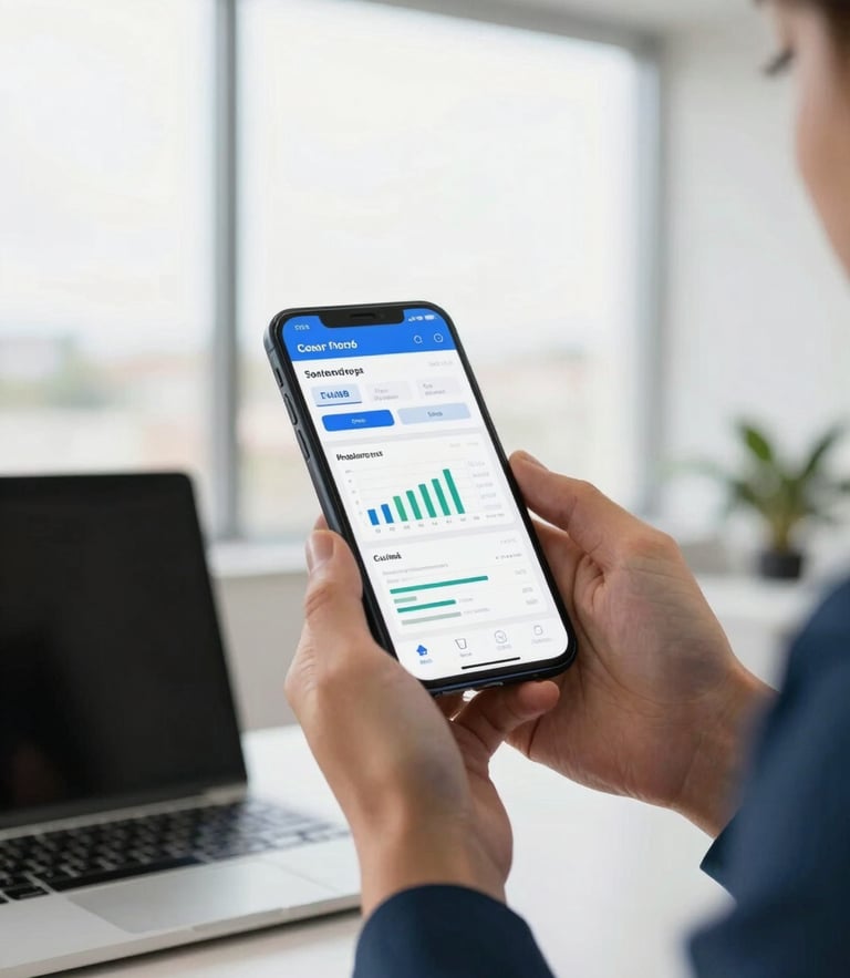 Bright modern office in Cuiabá, natural window light, professional accountant holding a smartphone with a clean financial dashboard, warm editorial style