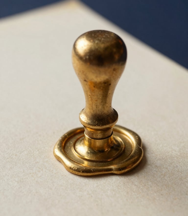 Macro shot of a heavy gold wax seal on a textured parchment document, soft dramatic side-lighting, deep navy background, sharp focus
