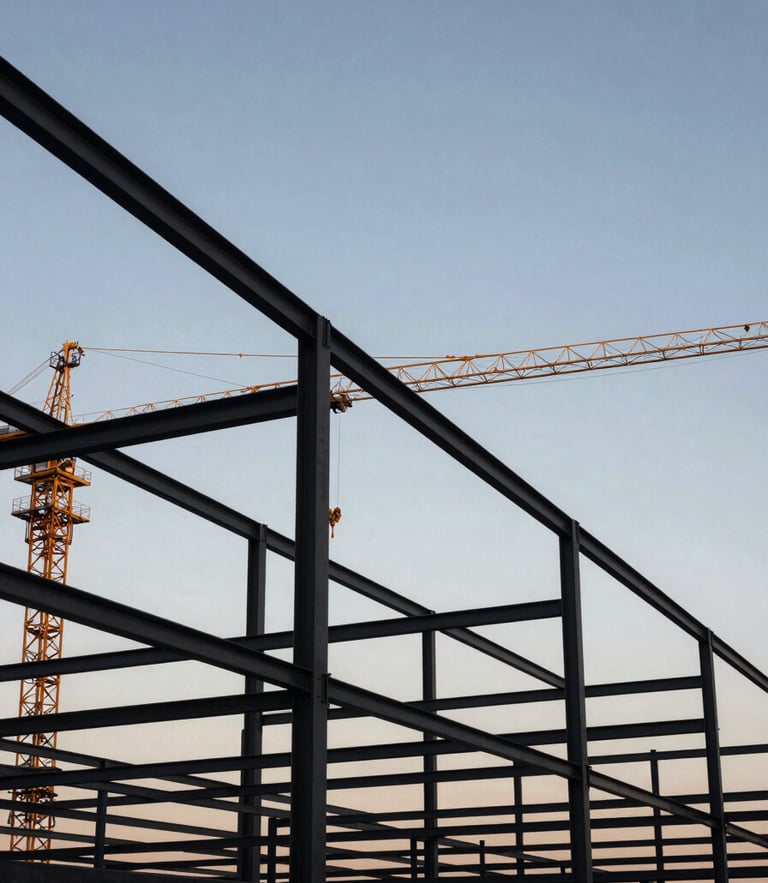 Wide-angle view of heavy steel framing against a high-contrast twilight sky, sharp architectural angles, clean safety-gold accents on cranes, negative space.