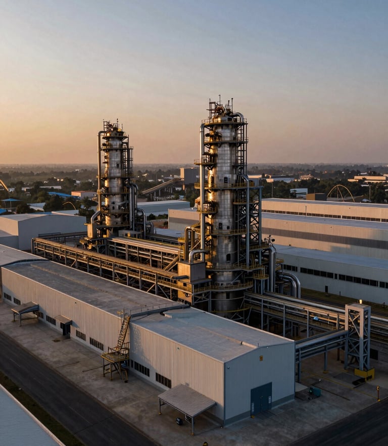 Wide-angle dramatic aerial drone shot of a massive modern manufacturing plant in Gujarat at sunset, sharp industrial lines, metallic surfaces reflecting golden hour light.