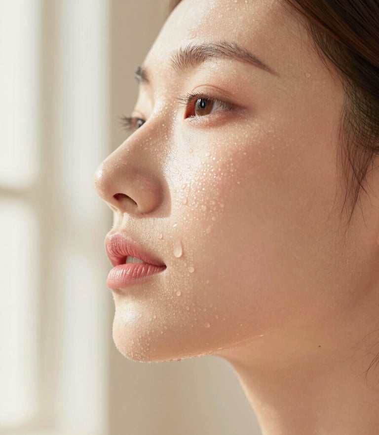 Close-up of clean, dewy skin showing natural texture, soft morning light filtering through a window, warm cream and blush pink tones, elegant and minimalist