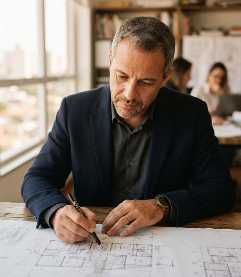 Close-up of a professional financial advisor in a warm, sunlit office in Franca-SP, reviewing architectural plans, shallow depth of field, 35mm