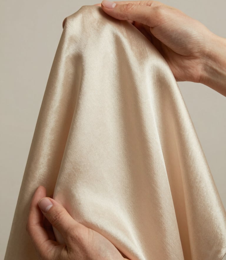 Macro studio shot of hands holding a heavy champagne gold bridal satin fabric swatch, soft side lighting highlighting the rich drape and fine weave texture, neutral background.