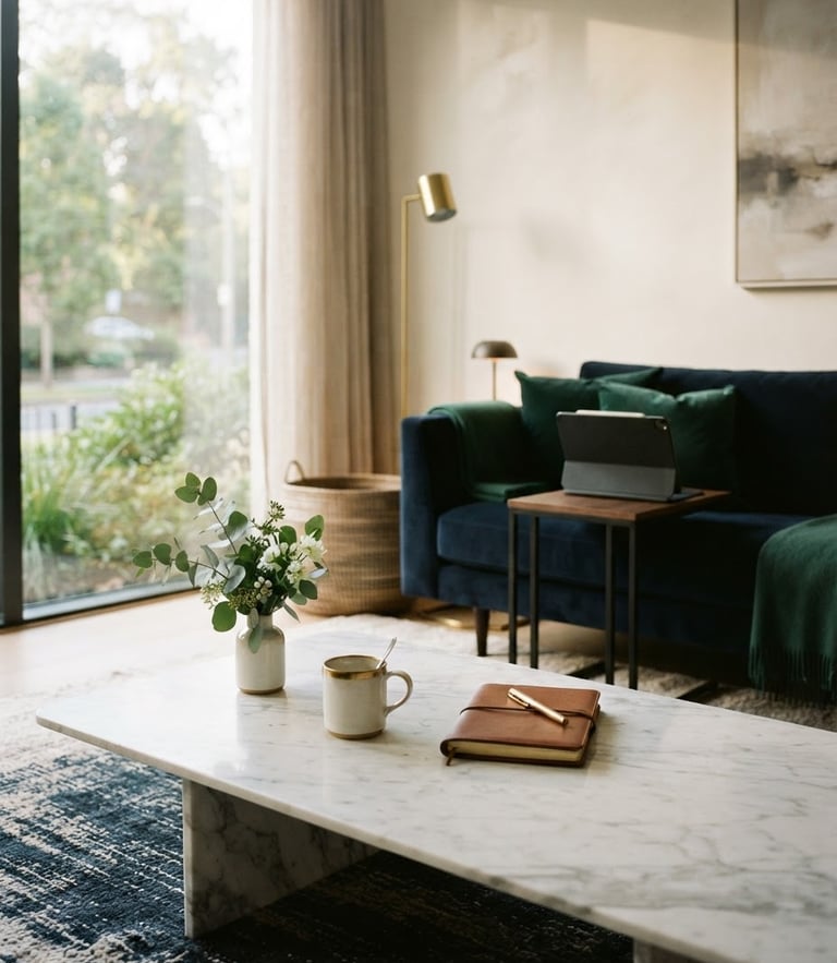 A serene, high-end residential interior with soft morning light filtering through a window, a clean marble table, and a subtle clinical tablet in the background, warm editorial photography, 35mm