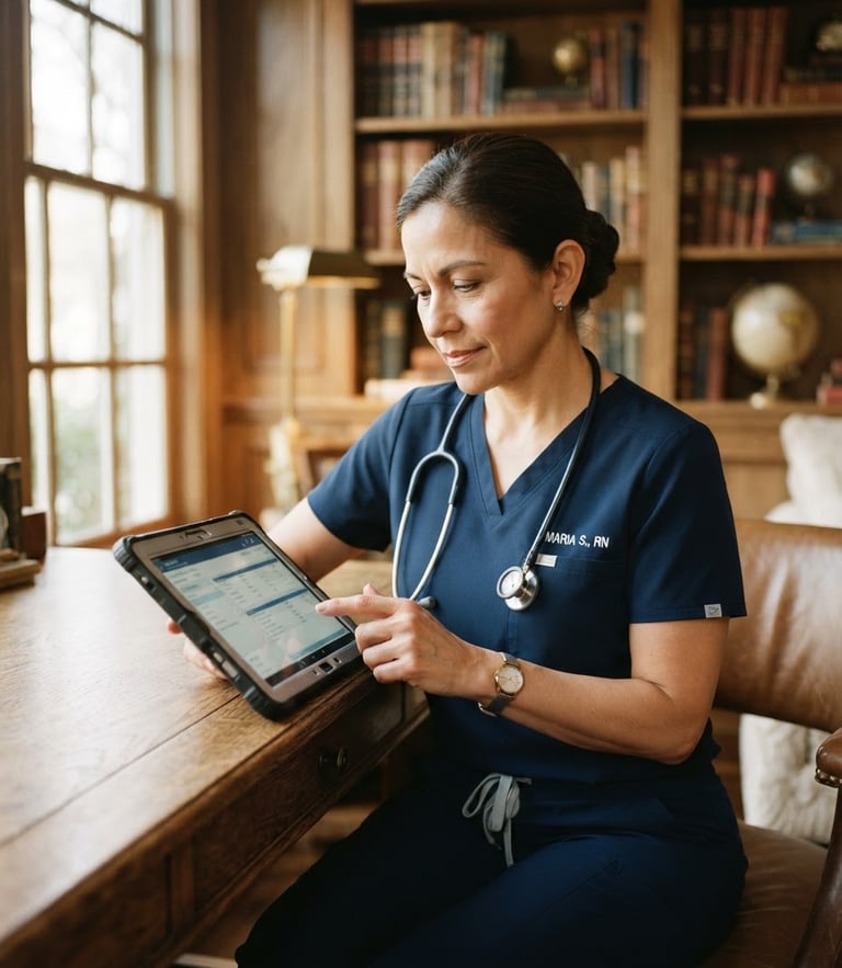 A dignified close-up portrait of an expert nurse in clean dark navy scrubs adjusting a clinical tablet in a warm, sunlit high-end home library, soft morning light, shallow depth of field, 35mm