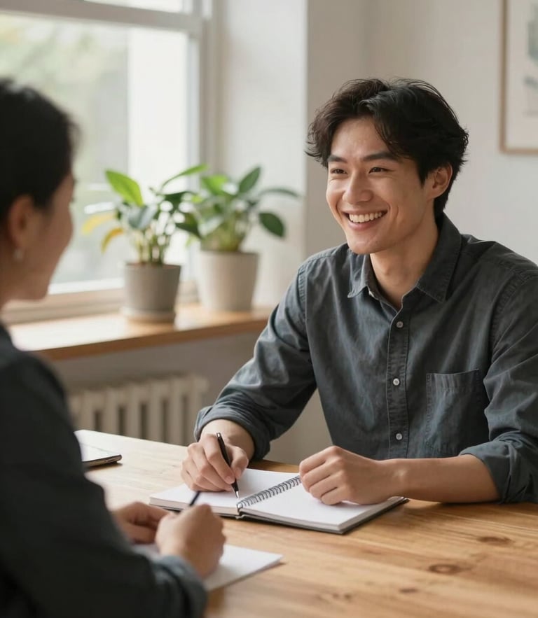 Medium shot of a warm, Scandinavian-style meeting room with soft morning light filtering through a window. An interviewer and a candidate sit at a light oak table, sharing a genuine, relaxed laugh over a notebook. Soft focus on the background showing green potted plants.