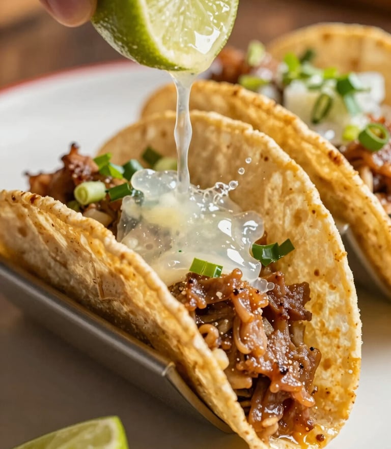 Close-up macro shot of a gourmet street taco being assembled, lime juice spraying in dramatic natural light, rich saturated tones, shallow depth of field, 35mm