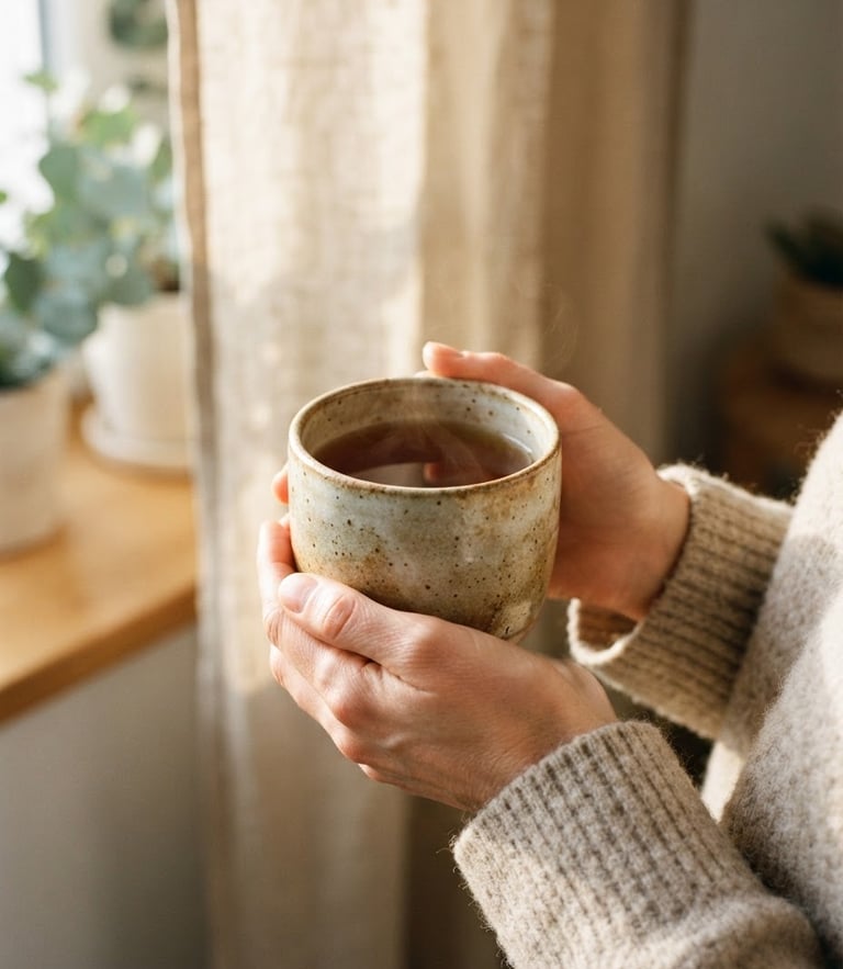 Close-up of hands holding a textured ceramic mug filled with warm tea, soft morning sunlight filtering through linen curtains, warm organic photography, muted earth tones, minimalist composition.
