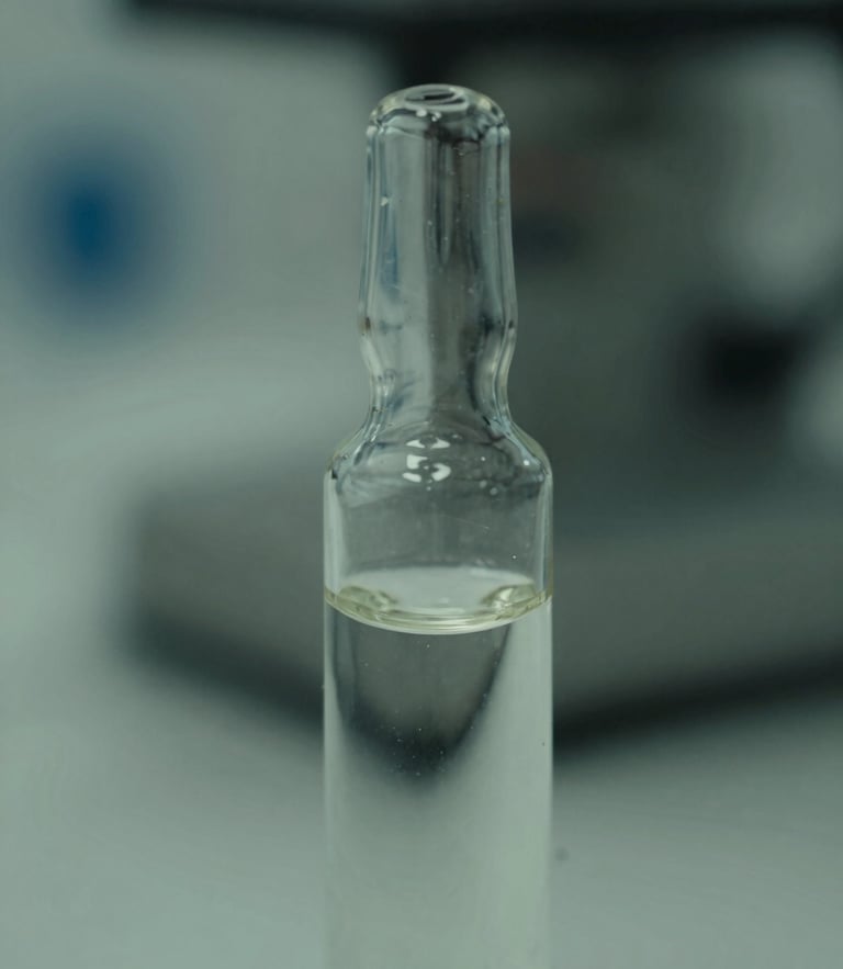 Macro shot of a clear liquid chemical sample in a glass vial, crisp laboratory lighting, muted greens, sharp focus, technical precision.
