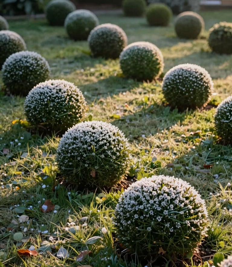 Photographie verticale d'un jardin structuré en Haute-Garonne à l'aube, buis taillés en sphères parfaites, rosée du matin sur une pelouse impeccablement tondue, lumière rasante dorée.