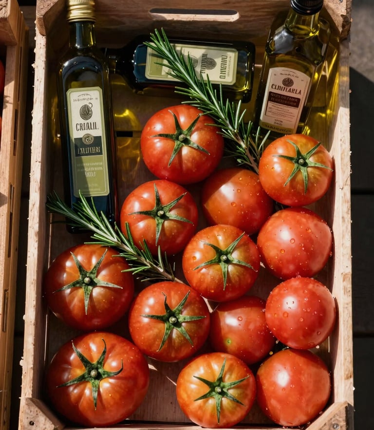 Top-down view of a modern gourmet market crate filled with heritage tomatoes, artisanal olive oil bottles, and fresh rosemary sprigs, captured in warm morning light with rich shadows.