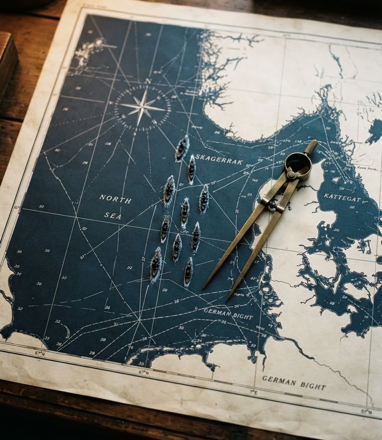 Macro top-down photograph of a wooden tactical naval map, brass dividers resting on hand-drawn coordinates, miniature ironclad ship models positioned in formation, warm desk light casting long shadows, 35mm.