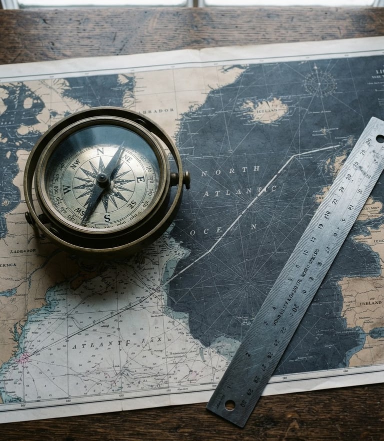 A close-up top-down shot of a wooden desk with a brass compass, vintage maritime maps, and a steel ruler under warm focused light, 35mm