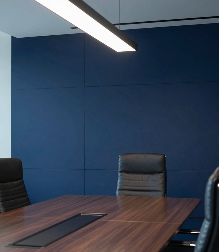 Medium shot of modern corporate boardroom in West Bay Doha, crisp architectural lighting, deep navy tones, professional mood, 35mm