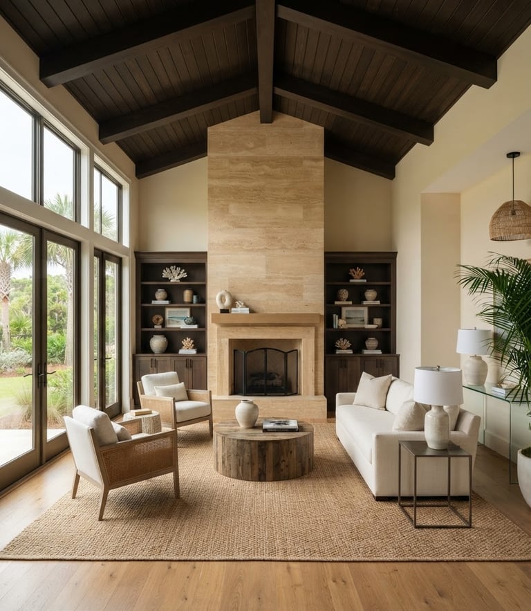 Straight-on architectural elevation of a light-filled Ponte Vedra living room, deep espresso wood beams, warm travertine fireplace, soft natural coastal daylight, high-end editorial photography