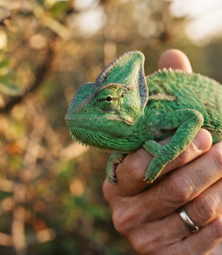 A close-up photograph of a hand gently holding a healthy green chameleon under warm golden-hour sunlight, showing skin texture and eye clarity, shallow depth of field.