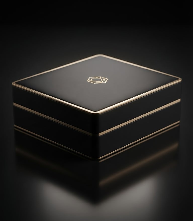Sleek matte black box with gold accents on a dark reflective surface, low-key dramatic studio lighting, premium product photography