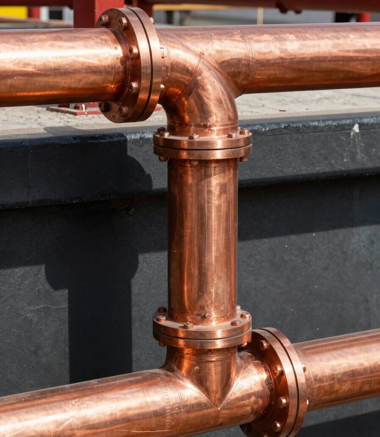 Industrial construction photography of clean copper piping installation, hard direct daylight, high contrast red and black tones, sharp focus, 35mm lens