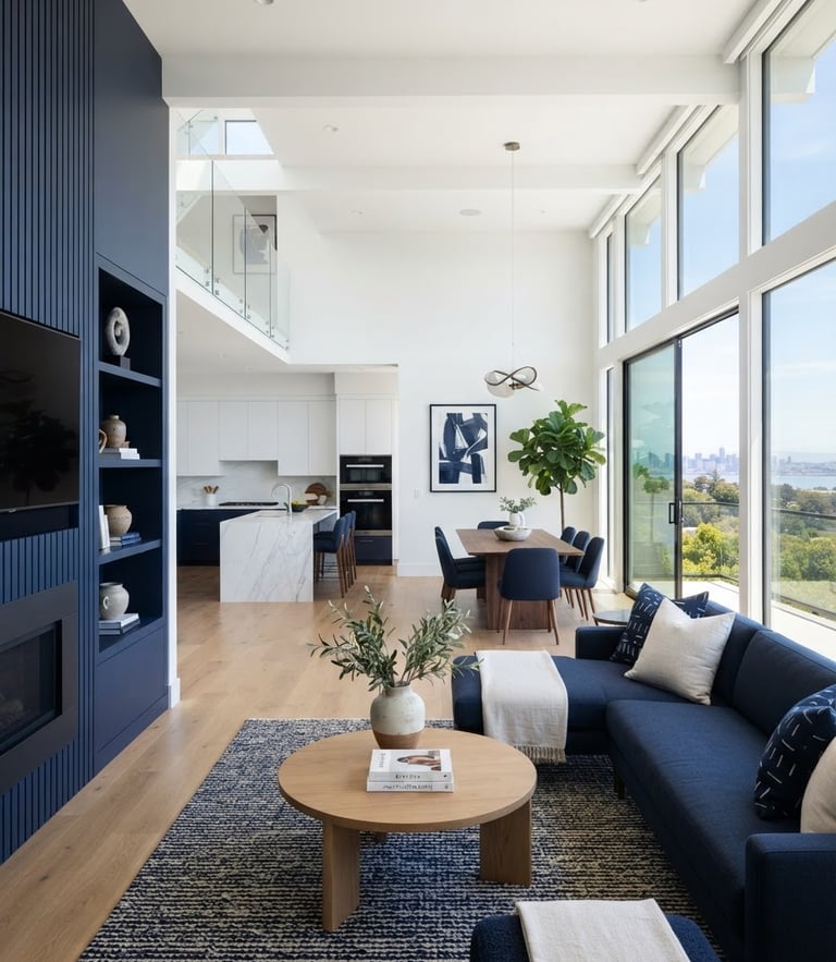 Immaculate modern home interior with crisp white walls and sharp navy accents, flooded with bright natural Bay Area light, architectural photography